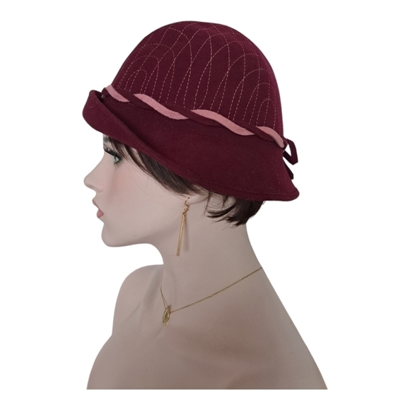 Vintage wool hat Made in England Circumference approx 21.5" Burgundy and pink - Picture 14 of 16